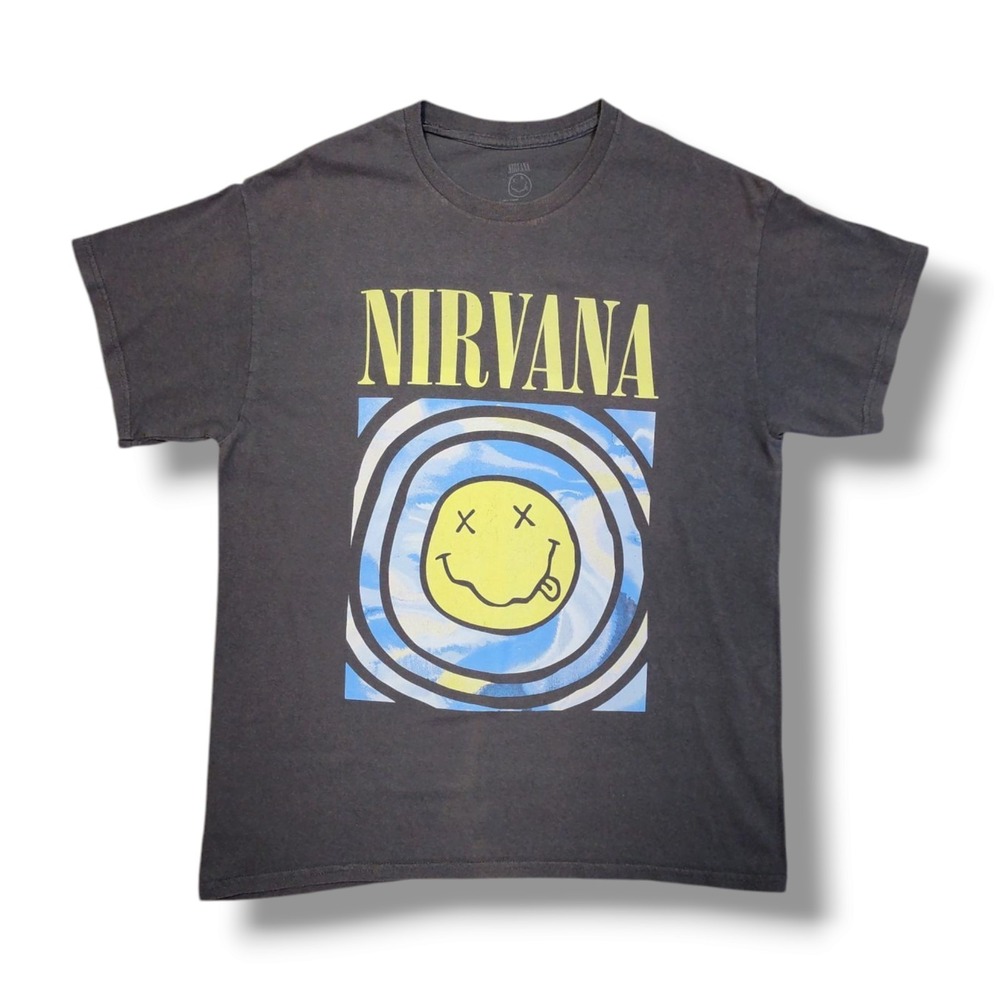 Nirvana Dazed Smiley Face Grunge Rock Crew Neck Gray T-Shirt Size M